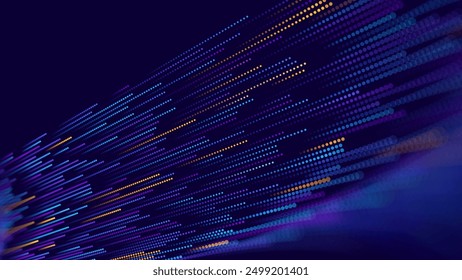 Big Data Flow Particles. Vector Background. Data Transfering Dots Network. Abstract Quantum Computer Technology Bigdata. Digital Technology Computer Science Concept. Business Data Vector Illustration.