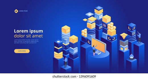 Big data flow processing concept, cloud database, isometric vector, web hosting and server room