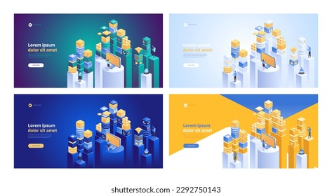 Big data flow processing concept, cloud database, isometric vector, web hosting and server room
