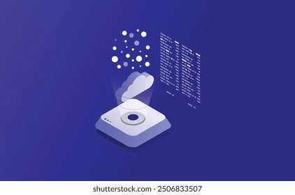 Big data flow processing concept, cloud database, isometric vector, web hosting and server room icons ultraviolet, cloud storage isometric, Isometric Vector of Cloud Databases