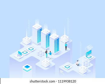 Big data flow processing. High technology concept. Vector isometric illustration 