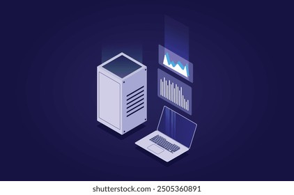 Procesamiento de flujo de macrodatos en ultravioleta: Vector isométrico de bases de datos en la nube, hospedaje de Web y salas de servidores