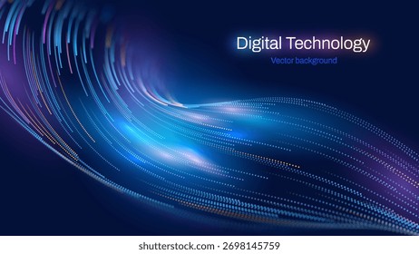 Big Data Flow Wave Particles Background. Fintech Presentation Template. Concept of AI Artificial Intelligence Technology Machine Deep Learning. Digital Communication. Science Technology Vector.