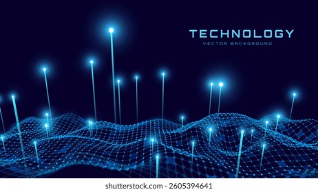 Big Data Futuristic Digital Landscape With Glowing Data Nodes and Tech Grid Waves on Dark Background, Perfect for Technology and AI Concepts. Vector Illustration.