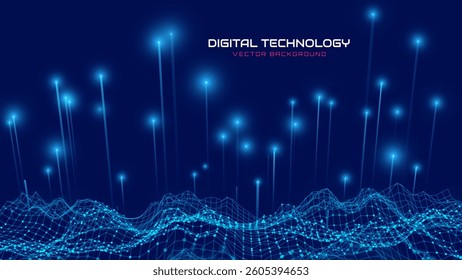 Big Data Futuristic Digital Landscape With Glowing Data Nodes and Tech Grid Waves on Dark Background, Perfect for Technology and AI Concepts. Vector Illustration.