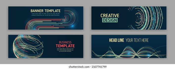 Big Data Futuristic Web Background. Visualization Of Data Arrays, Databases. Information Flow, Sorting. Set Of Hi-tech Banner Templates For Websites. Abstract Social Media Cover Design.