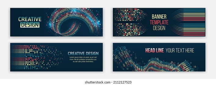 Big data futuristic web background. Visualization of data arrays, databases. Information flow, sorting. Set of Hi-tech banner templates for websites. Abstract social media cover design.