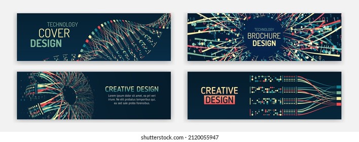 Big data futuristic web background. Visualization of data arrays, databases. Information flow, sorting. Set of Hi-tech banner templates for websites. Abstract social media cover design.