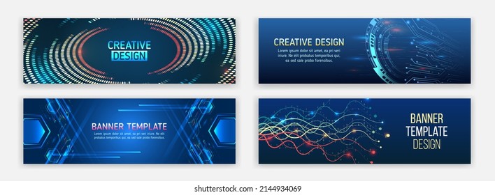 Big data futuristic web background. Visualization of data arrays, databases. Information flow, sorting. Set of Hi-tech banner templates for websites. Abstract horizontal promotion media cover design.