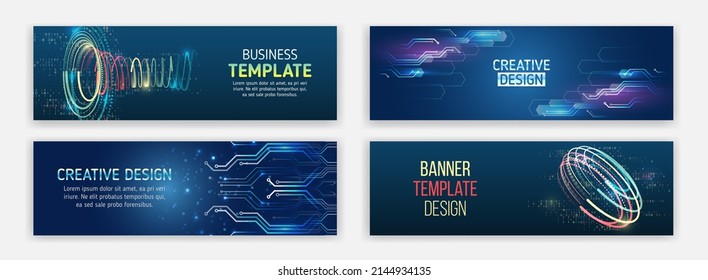 Big data futuristic web background. Visualization of data arrays, databases. Information flow, sorting. Set of Hi-tech banner templates for websites. Abstract horizontal promotion media cover design.