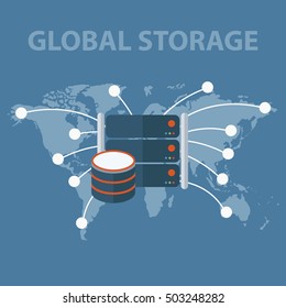 Big data and global storage flat design illustration showing connectivity between different devices and server.