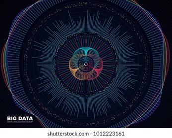 Big data graphic, complex business system visualization vector concept. Modern information digital technology background. Wave visualization colored code, visual flow structure illustration