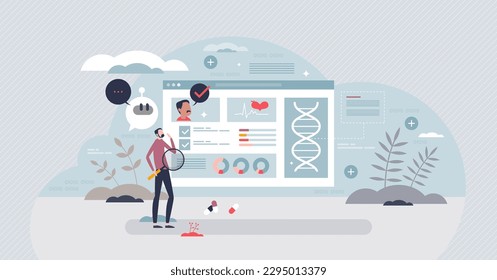 Big data in healthcare as diagnosis and monitoring info tiny person concept. Analyzing health status and hospital information about patient genetic and DNA files vector illustration. Body checkup.