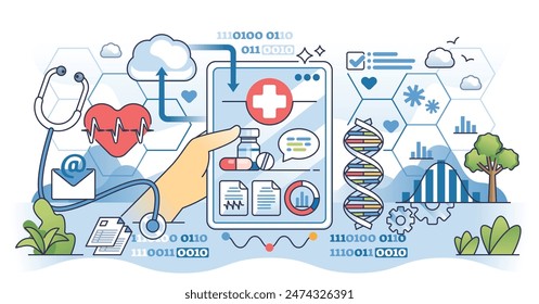 Los macrodatos en la atención médica para el análisis de la salud del paciente delinean el concepto de manos. Sistema de información médica sobre salud pública, nuevas investigaciones clínicas, tratamientos y Ilustración vectorial de recetas.