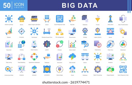 Colección de iconos de Big Data. Contiene base de datos, información, análisis de datos, insights, optimización de motores de búsqueda, velocidad, variedad, valor, procesamiento, iconos de almacenamiento.