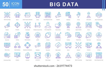 Colección de iconos de Big Data. Contiene base de datos, información, análisis de datos, insights, optimización de motores de búsqueda, velocidad, variedad, valor, procesamiento, iconos de almacenamiento.