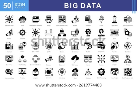 Big Data icon collection. Contains database, information, data analytics, insights, search engine optimization, velocity, variety, value, processing, storage icons.