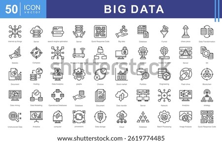 Big Data icon collection. Contains database, information, data analytics, insights, search engine optimization, velocity, variety, value, processing, storage icons.
