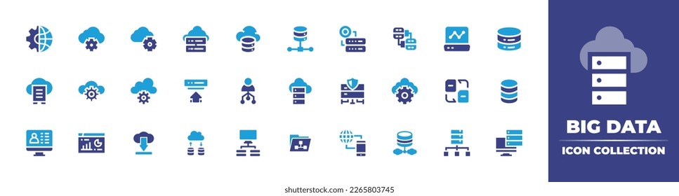 Colección de iconos de Big Data. Color de duotona. Ilustración vectorial. Conteniendo Internet, configuración, computación en la nube, backup, servidor en la nube, almacenamiento, pilas de datos, laptop, base de datos, nube.