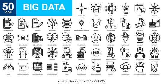 Conjunto de colecciones de iconos de Big Data. Computación en la nube, servidor de datos, hosting, SEO y Web, almacenamiento de datos, ícono de datos en la nube. Vector de línea simple.