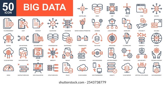 Conjunto de coleta de ícone Big Data. Computação em nuvem, servidor de dados, hospedagem, seo e Web, armazenamento de dados, ícone de dados em nuvem. Vetor de cor de linha simples.