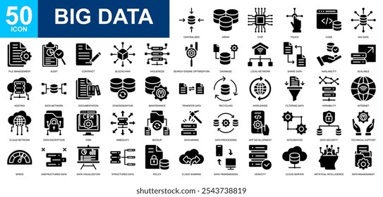 Conjunto de coleta de ícone Big Data. Computação em nuvem, servidor de dados, hospedagem, seo e Web, armazenamento de dados, ícone de dados em nuvem. Glifo simples.