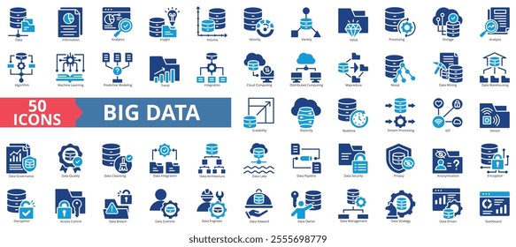 Big data icon collection set. Containing database, information, analytics, insight, volume, velocity, variety, value, processing, storage icon. Simple flat vector illustration.