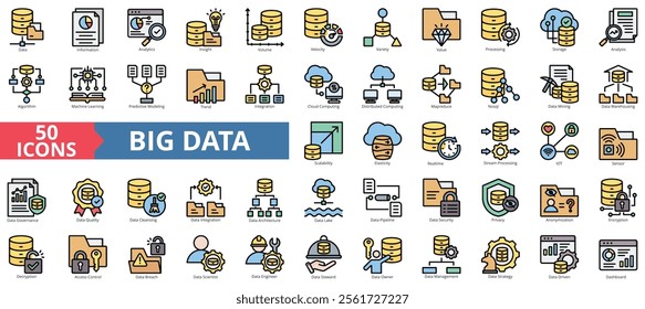 Big data icon collection set. Containing database, information, analytics, insight, volume, velocity, variety, value, processing, storage icon. Simple flat outline vector illustration