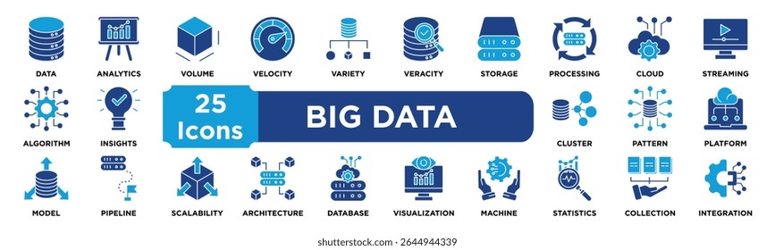 Conjunto de coleta de ícone Big Data. Contendo dados,análises,volume,velocidade,variedade,veracidade,armazenamento,processamento,nuvem,ícone de fluxo contínuo. vetor de tom duplo.	
