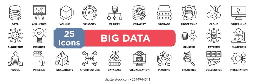 Big Data icon collection set. Containing data,analytics,volume,velocity,variety,veracity,storage,processing,cloud,streaming icon. Simple line vector.	
