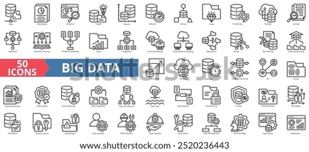 Big data icon collection set. Containing database, information, analytics, insight, volume, velocity, variety, value, processing, storage icon. Simple line vector illustration.