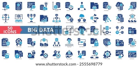Big data icon collection set. Containing database, information, analytics, insight, volume, velocity, variety, value, processing, storage icon. Simple flat vector illustration.