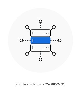 Icono de Big Data: varios servidores con conexiones de circuito, que representan el procesamiento y la gestión de datos