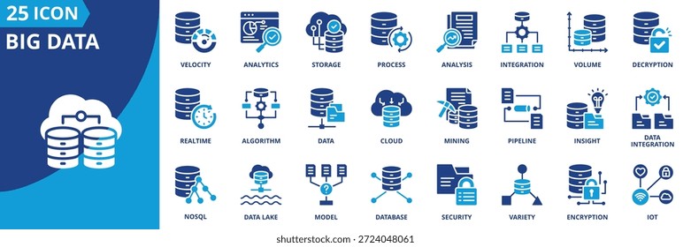 big data icon set collection in solid glyph dual color style. pack contain velocity, volume, analytics, storage, variety, analysis, encryption, data, realtime, algorithm icon