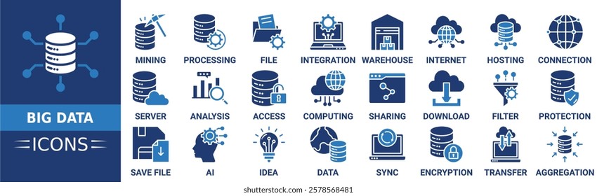 Big data icon set. Containing data mining, big data, processing, integration, file, server, analysis and more. Solid vector icons collection