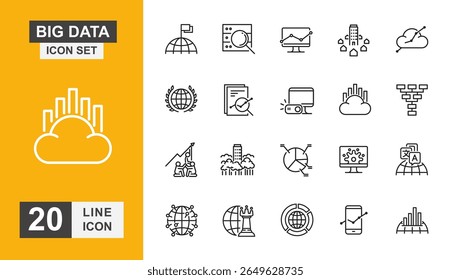 Conjunto de ícones de Big Data. Ícone de unidade, disco rígido, rede, análise, servidor, gráfico, banco de dados e mais linha. Ilustração vetorial.