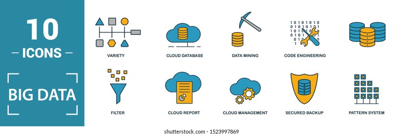 Big Data icon set. Include creative elements cloud hosting, cloud management, data science, pattern system, ambiguity icons. Can be used for report, presentation, diagram, web design.