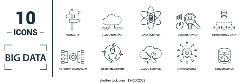 Big Data icon set. Include creative elements cloud hosting, cloud management, data science, pattern system, ambiguity icons. Can be used for report, presentation, diagram, web design.