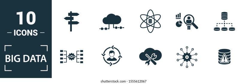 Big Data icon set. Include creative elements cloud hosting, cloud management, data science, pattern system, ambiguity icons. Can be used for report, presentation, diagram, web design.