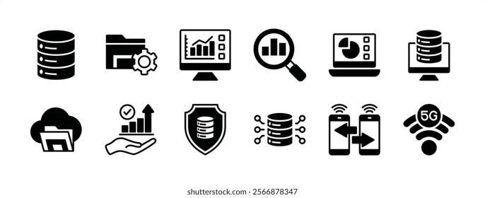 Big data icon vector set. Containing database, analytics technology, folder, statistics, research, server, cyber security, transfer, connection, monitoring, cloud computing