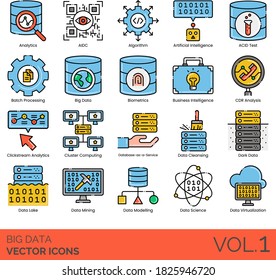 Big Data Icons einschließlich Analytik, AIDC, Algorithmus, ACID-Test, Biometrie, Business, CDR-Analyse, Clickstream, Cluster-Computing, Reinigung, Dunkel, See, Bergbau, Modellierung, Wissenschaft, Virtualisierung.