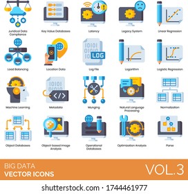 Big data icons including juridical compliance, key value database, latency, legacy system, linear regression, load balancing, location, log file, logarithm, logistic, machine learning, metadata, parse