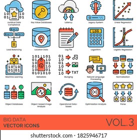 Big data icons including juridical compliance, key value database, latency, log file, logarithm, logistic, machine learning, metadata, munging, normalization, object based image analysis, optimization