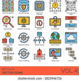 Big data icons including pattern recognition, persistent storage, quick response code, quantum computing, readme, relational model, spatial analysis, saas, serialization, talking trojan, taxonomy.