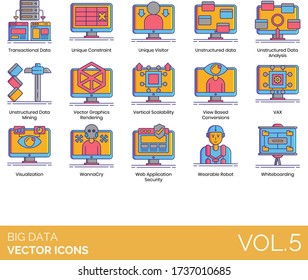 Big data icons including transactional, unique constraint, visitor, unstructured analysis, mining, vector graphics rendering, vertical scalability, view based conversion, VAX, visualization, wannacry.