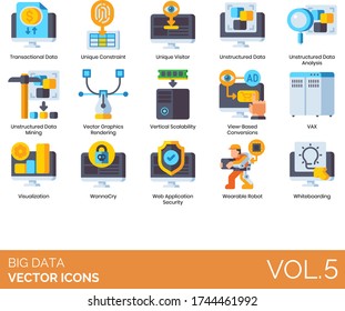 Big data icons including transactional, unique constraint, visitor, unstructured analysis, mining, vector graphics rendering, vertical scalability, view based conversion, VAX, visualization, wannacry.