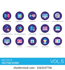 Big data icons including unique constraint, visitor, analysis, mining, vector graphics rendering, vertical scalability, VAX, visualization, web application security, wearable robot, whiteboarding.