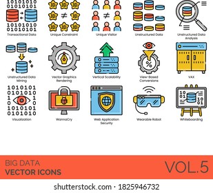Big data icons including unique constraint, visitor, unstructured analysis, mining, vertical scalability, view based conversion, VAX, wannacry, web application security, wearable robot, whiteboarding.