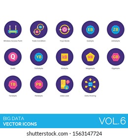 Big data icons including wireless access point, yoda condition, yoyo mode, exabyte, zettabyte, qubit, yottabyte, kilobyte, megabyte, gigabyte, terabyte, petabyte, leak, sharing.