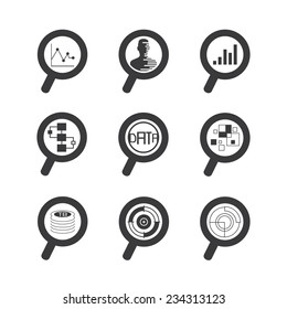 big data icons set, data analytics icons, magnifier glass icons
